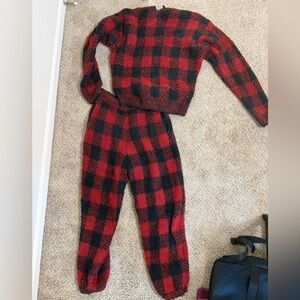 SKIMS Red and Black Buffalo Plaid Cozy Loungewear Set